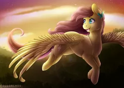 Size: 4092x2893 | Tagged: absurd resolution, artist:pillonchou, beautiful, derpibooru import, fluttershy, flying, large wings, looking back, open mouth, safe, sky, smiling, solo, spread wings, sunset, wings