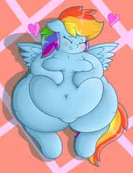 Size: 1223x1592 | Tagged: safe, artist:dullpoint, derpibooru import, rainbow dash, adorafatty, belly, belly button, bellyrubs, big belly, blushing, cute, dashabetes, eyes closed, fat, heart, hug, lip bite, obese, on back, rainblob dash, solo, tubby wubby pony waifu