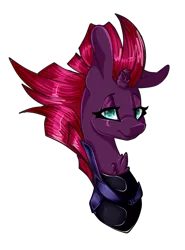 Size: 533x719 | Tagged: safe, artist:xxmissteaxx, derpibooru import, fizzlepop berrytwist, tempest shadow, pony, my little pony: the movie, big ears, broken horn, bust, chest fluff, eye scar, female, lidded eyes, looking at you, mare, scar, simple background, smiling, solo, transparent background