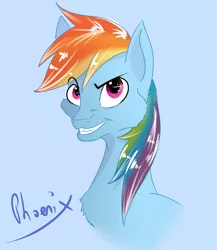 Size: 1300x1500 | Tagged: safe, artist:dustyduster, derpibooru import, rainbow dash, bust, grin, portrait, signature, smiling, solo