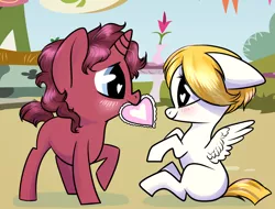 Size: 1024x778 | Tagged: dead source, safe, artist:loryska, derpibooru import, oc, oc:brick, oc:sandy bloom, unofficial characters only, pegasus, pony, unicorn, blushing, colt, female, filly, heart eyes, magical gay spawn, male, mouth hold, offspring, parent:trenderhoof, parent:zephyr breeze, parents:trenderbreeze, valentine, valentine's day, wingding eyes