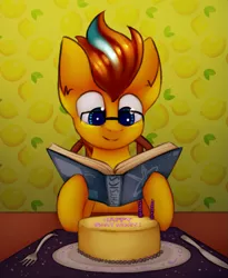 Size: 1661x2026 | Tagged: artist:marsminer, birthday, birthday cake, book, cake, candle, chair, derpibooru import, food, fork, glasses, knife, oc, oc:particle haze, physics, reading, safe, science, silverware, smiling, solo, studying, unofficial characters only