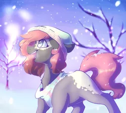 Size: 1024x916 | Tagged: safe, artist:snowolive, derpibooru import, oc, unofficial characters only, earth pony, pony, clothes, female, hat, mare, scarf, snow, solo