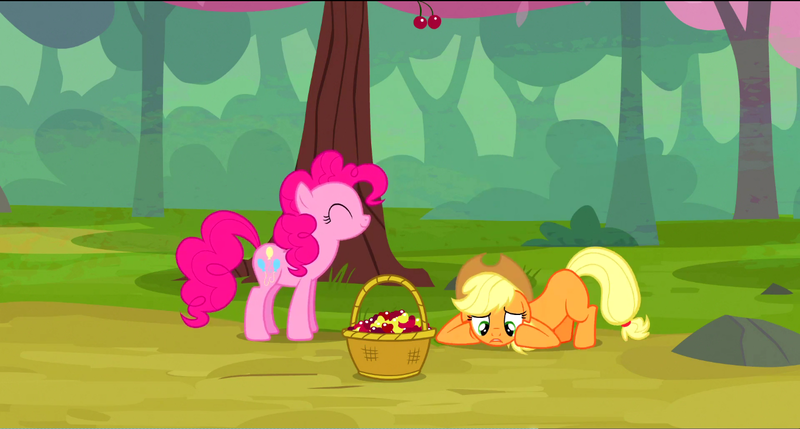 Size: 1360x730 | Tagged: safe, derpibooru import, screencap, applejack, pinkie pie, earth pony, pony, the last roundup, basket, cherry, cherry orchard, chimicherrychanga, duo, female, floppy ears, food, mare, missing cutie mark, pickle barrel kumquat, pinkie being pinkie, tree, yellow cherry