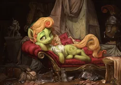 Size: 1800x1275 | Tagged: safe, artist:assasinmonkey, derpibooru import, oc, oc:faint retinue, unofficial characters only, earth pony, pony, first contact war, armor, clothes, draw me like one of your french girls, fainting couch, female, freckles, helmet, looking at you, side, solo, statue, violin