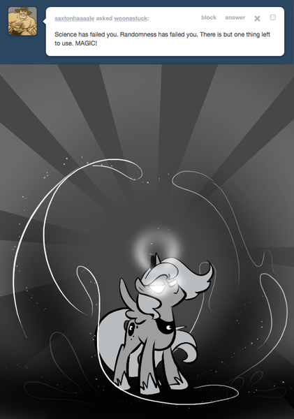 Size: 666x950 | Tagged: safe, artist:egophiliac, derpibooru import, princess luna, smooze, moonstuck, ask, filly, glowing eyes, goop, magic, majestic, monochrome, neo noir, partial color, solo, tumblr, woona, younger