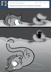 Size: 666x950 | Tagged: artist:egophiliac, ask, dark woona, derpibooru import, filly, monochrome, moonstuck, neo noir, nightmare moon, nightmare woon, oc, oc:danger mcsteele, partial color, safe, sea pony, tumblr, unofficial characters only, walking on water