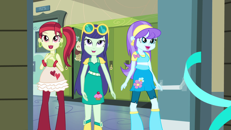 Size: 1920x1080 | Tagged: safe, derpibooru import, screencap, aqua blossom, blueberry cake, rose heart, equestria girls, boots, bracelet, cupcake, door, flower, food, glasses, hallway, heart, high heel boots, jewelry, lockers