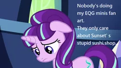 Size: 1280x720 | Tagged: safe, derpibooru import, starlight glimmer, sunset shimmer, equestria girls, blatant lies, doll, equestria girls minis, image macro, meme, mouthpiece, solo, sunset sushi, toy
