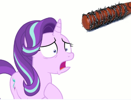 Size: 422x324 | Tagged: semi-grimdark, derpibooru import, starlight glimmer, pony, unicorn, abuse, barbwire bat, glimmerbuse, lucille, negan, simple background, the walking dead, white background, you can breathe you can blink you can cry