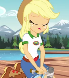 Size: 640x720 | Tagged: safe, derpibooru import, screencap, applejack, equestria girls, legend of everfree, applejack's hat, boots, camp everfree outfits, clothes, cowboy boots, cowboy hat, cropped, eyes closed, female, freckles, frown, hammer, hat, holding, lake, sad, solo, tree