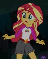 Size: 570x700 | Tagged: safe, derpibooru import, screencap, sunset shimmer, equestria girls, legend of everfree, camp everfree outfits, clothes, cropped, female, night, open mouth, shorts, solo, tree