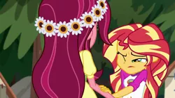 Size: 1280x720 | Tagged: safe, derpibooru import, screencap, gloriosa daisy, sunset shimmer, equestria girls, legend of everfree, flower, flower in hair, out of context