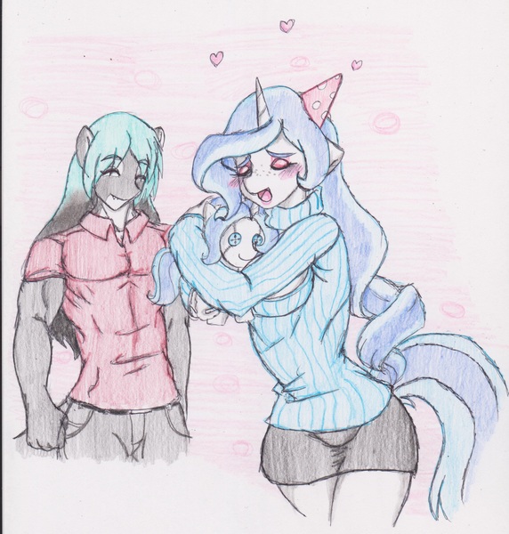 Size: 2550x2673 | Tagged: safe, artist:zoarenso, derpibooru import, oc, oc:bubble lee, oc:mako, unofficial characters only, anthro, earth pony, hybrid, orca pony, original species, unicorn, anthro oc, clothes, couple, female, gift art, happy birthday, hat, heart, hug, makolee, male, oc x oc, party hat, plushie, shipping, simple background, smiling, straight, traditional art