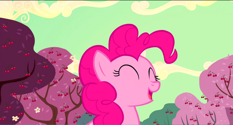 Size: 1360x730 | Tagged: safe, derpibooru import, screencap, pinkie pie, pony, the last roundup, cherry orchard, cherry tree, cute, eyes closed, female, mare, smiling, solo, tree