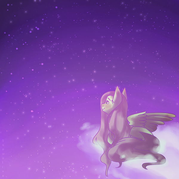 Size: 1024x1024 | Tagged: safe, artist:snowolive, derpibooru import, fluttershy, pegasus, pony, cloud, looking away, looking up, night, on a cloud, prone, smiling, solo, starry night, stars, wings