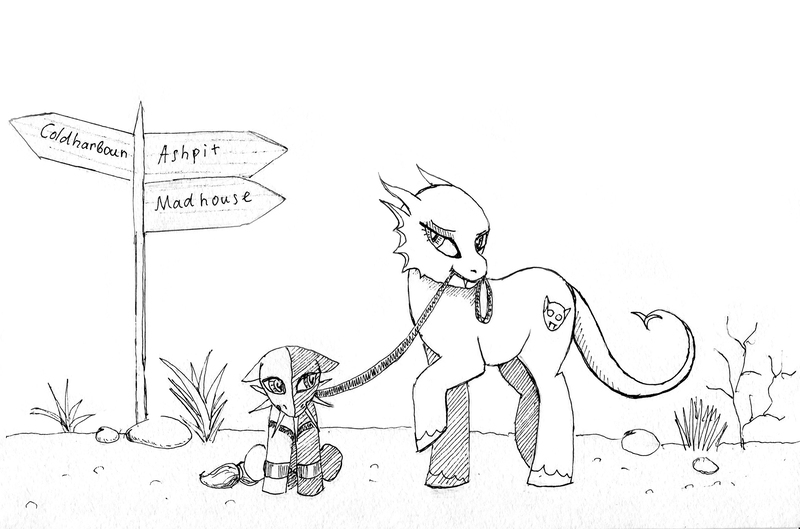 Size: 3476x2300 | Tagged: questionable, artist:harmaagriffin, derpibooru import, ponified, daedra, demon, demon pony, dunmer, pony, vampire, black and white, chains, chimer, collar, crossover, genderqueer, grayscale, imminent rape, imminent sex, implied rape, leash, manacles, molag bal, monochrome, morrowind, sketch, spikes, the elder scrolls, vivec