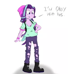 Size: 1058x1150 | Tagged: safe, artist:mildockart, derpibooru import, starlight glimmer, equestria girls, spoiler:eqg specials, beanie, boots, breasts, cleavage, clothes, dialogue, female, hat, pants, solo, torn clothes