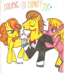 Size: 1696x1936 | Tagged: artist:plnkle, carrot top, cherry berry, con mane, derpibooru import, donut joe, golden harvest, milkshake, safe, traditional art, trio