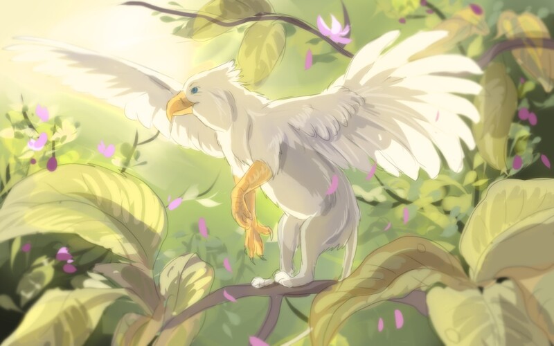 Size: 1280x800 | Tagged: safe, artist:wavyrr, derpibooru import, oc, oc:der, unofficial characters only, gryphon, flower, leaves, micro, solo, tree