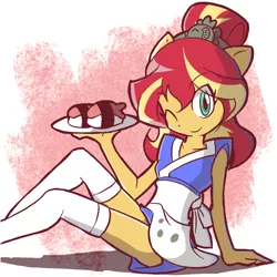Size: 900x900 | Tagged: safe, artist:rvceric, derpibooru import, sunset shimmer, equestria girls, alternate hairstyle, apron, breasts, clothes, cute, delicious flat chest, doll, equestria girls minis, eyes closed, female, food, happi, legs, looking at you, one eye closed, ponied up, serving tray, shimmerbetes, sitting, smiling, socks, solo, sunset sushi, sushi, thigh highs, thighs, toy, toy interpretation, wink