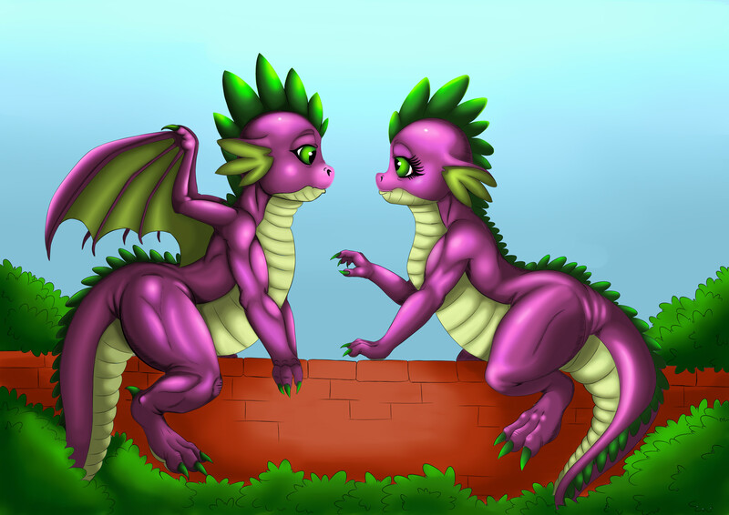 Size: 3507x2480 | Tagged: artist:exelzior, barb, brick, brick wall, bush, crossgender, derpibooru import, dragon, dragoness, female, plump, rule 63, safe, self dragondox, spike, spikebarb, wall, winged spike