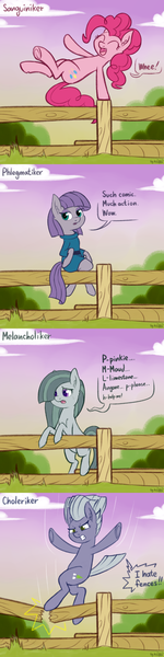 Size: 1600x6400 | Tagged: safe, artist:dsp2003, derpibooru import, limestone pie, marble pie, maud pie, pinkie pie, earth pony, pony, 4chan, absurd resolution, comic, cute, doge, drawthread, female, fence, four humors, four temperaments, jumping, marblebetes, mare, monologue, parkour, parody, pie sisters, trait