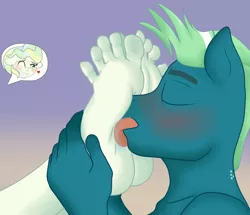 Size: 790x680 | Tagged: suggestive, anonymous artist, derpibooru import, sky stinger, vapor trail, anthro, plantigrade anthro, barefoot, blushing, feet, feet on face, feet up, female, foot fetish, foot worship, implied nudity, licking, licking foot, male, one eye closed, shipping, smiling, sniffing, soles, straight, tickling, toes, tongue out, vaporsky, wink