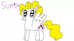 Size: 1559x877 | Tagged: safe, artist:danishtreats, derpibooru import, surprise, pegasus, pony, g1, g1 to g4, generation leap, grin, looking at you, misspelling, simple background, smiling, solo, spread wings, white background