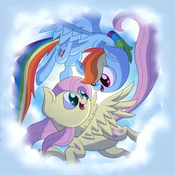 Size: 2743x2743 | Tagged: safe, artist:supercoco142, derpibooru import, fluttershy, rainbow dash, cloud, cute, dashabetes, eye contact, female, flutterdash, flying, high res, lesbian, looking at each other, open mouth, shipping, shyabetes, sky, smiling, spread wings