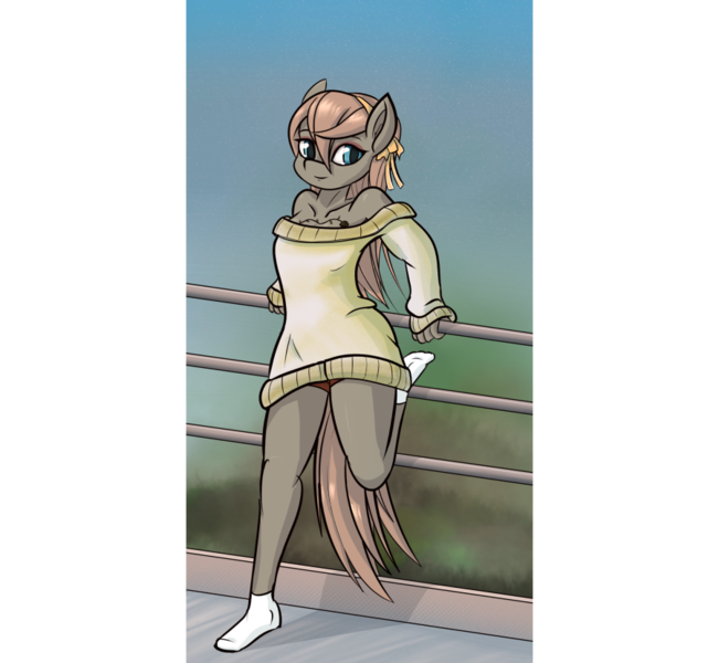 Size: 900x829 | Tagged: anthro, artist:lockersnap, clothes, derpibooru import, oc, oc:cait fios, plantigrade anthro, safe, socks, solo, sweater, unofficial characters only