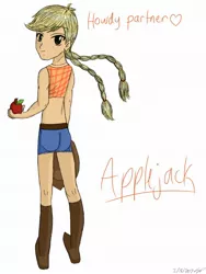 Size: 1536x2048 | Tagged: alternate hairstyle, apple, applebutt, applejack, artist:psshdjndofnsjdkan, clothes, daisy dukes, derpibooru import, food, human, humanized, midriff, pigtails, safe, shorts, solo