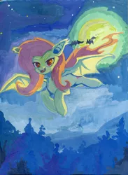 Size: 803x1100 | Tagged: safe, artist:lexx2dot0, artist:maytee, derpibooru import, fluttershy, bat pony, pony, collaboration, flutterbat, flying, forest, full moon, gouache, looking at you, moon, night, open mouth, red eyes, scenery, solo, stars, traditional art, tree