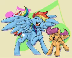 Size: 837x681 | Tagged: safe, artist:cnat, derpibooru import, rainbow dash, scootaloo, pegasus, pony, bandaid, open mouth, scootalove, singing