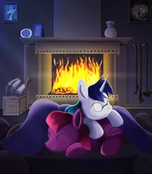 Size: 1678x1924 | Tagged: safe, artist:jphyperx, derpibooru import, oc, unofficial characters only, pegasus, pony, unicorn, cuddling, female, fireplace, glasses, male, mare, oc x oc, shipping, snuggling, stallion, straight