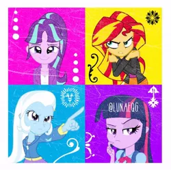 Size: 1080x1080 | Tagged: artist needed, safe, derpibooru import, starlight glimmer, sunset shimmer, trixie, twilight sparkle, equestria girls, clothes, counterparts, equestria girls-ified, instagram, magical quartet, smug, smuglight glimmer, twilight's counterparts
