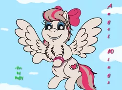 Size: 2217x1633 | Tagged: safe, artist:puffydearlysmith, derpibooru import, angel wings, pegasus, pony, bow, bracelet, chest fluff, cloud, flying, hair bow, jewelry, solo