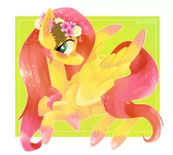 Size: 1000x900 | Tagged: safe, artist:tallykale, derpibooru import, fluttershy, pegasus, pony, blushing, colored hooves, colored wings, colored wingtips, crossed hooves, floral head wreath, flower, flower in hair, head turn, looking at you, profile, smiling, solo, unshorn fetlocks