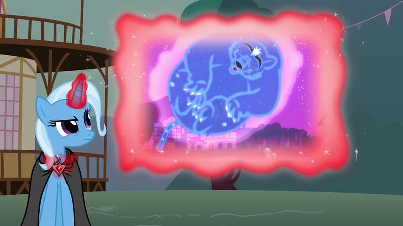 Size: 1280x720 | Tagged: safe, derpibooru import, screencap, trixie, pony, unicorn, ursa minor, boast busters, magic duel, alicorn amulet, glowing horn, magic, projection, telekinesis