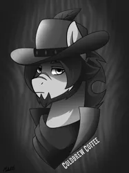 Size: 1854x2478 | Tagged: artist:ciderpunk, bandana, beard, bust, clothes, cowboy, cowboy hat, derpibooru import, facial hair, feather, hat, monochrome, oc, oc:coldbrewcoffee, portrait, safe, scar, solo, unofficial characters only