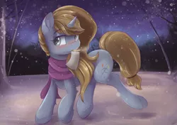 Size: 5100x3600 | Tagged: safe, artist:ardail, derpibooru import, oc, oc:kelly, unofficial characters only, pony, unicorn, absurd resolution, blushing, clothes, cute, female, gift art, mare, mouth hold, paper, pencil, scarf, snow, snowfall, solo, tree