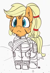 Size: 1280x1854 | Tagged: safe, artist:pabbley, derpibooru import, applejack, earth pony, pony, alternate hairstyle, armor, clothes, crossover, dune, fremen, partial color, solo, stillsuit
