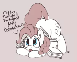 Size: 1280x1038 | Tagged: suggestive, artist:pabbley, derpibooru import, pinkie pie, pony, book, cute, dialogue, diapinkes, face down ass up, female, heart, implied twilight sparkle, monochrome, neo noir, partial color, pile, plot, simple background, solo, solo female