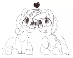 Size: 1280x1016 | Tagged: safe, artist:pabbley, derpibooru import, minuette, twinkleshine, pony, unicorn, belly button, cute, female, glowing horn, grayscale, heart, horns are touching, lesbian, magic, monochrome, shipping, simple background, sitting, smiling, tongue out, twinklette, white background