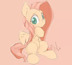 Size: 2256x2019 | Tagged: safe, artist:ando, derpibooru import, fluttershy, pony, colored pupils, cute, ear fluff, haunches, looking at you, looking sideways, open mouth, pink background, raised hoof, shyabetes, signature, simple background, sitting, solo, spread wings, wing fluff