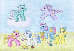 Size: 1024x716 | Tagged: safe, artist:normaleeinsane, derpibooru import, dangles, pony, baby, baby pony, g1, shaggy, squirmy, tappy, traditional art, wiggles, yo-yo