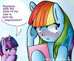 Size: 2400x2000 | Tagged: safe, artist:wolfoflife, derpibooru import, rainbow dash, twilight sparkle, alternate hairstyle, blushing, book, dialogue, embarrassed, engrish, female, lesbian, manebow sparkle, shipping, twidash