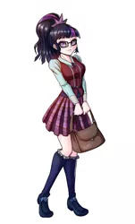 Size: 1711x2828 | Tagged: safe, artist:the-park, derpibooru import, sci-twi, twilight sparkle, human, equestria girls, bag, clothes, crystal prep academy uniform, cute, glasses, humanized, looking at you, moe, pleated skirt, ponytail, school uniform, shoes, simple background, skirt, socks, solo, standing, white background