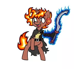 Size: 640x600 | Tagged: semi-grimdark, artist:ficficponyfic, derpibooru import, oc, oc:pipadeaxkor, oc:ruby rouge, unofficial characters only, demon, demon pony, earth pony, pony, colt quest, bad end, belt, blade, bone, burning, burnt, clothes, fangs, female, filly, fire, horn, khopesh, on fire, possessed, possession, simple background, slit eyes, solo, standing, sword, symbol, this isn't even my final form, this will end in pain, this will end in tears and/or death, weapon, white background