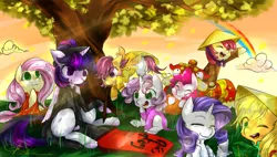 Size: 1800x1024 | Tagged: safe, artist:pinkymynery2212, derpibooru import, apple bloom, applejack, fluttershy, pinkie pie, rarity, scootaloo, sweetie belle, twilight sparkle, twilight sparkle (alicorn), alicorn, pony, alternate hairstyle, ao dai, calligraphy, clothes, cloud, conical hat, cute, cutie mark crusaders, eyes closed, group, hair bun, hat, looking up, lunar new year, one eye closed, rainbow, smiling, tree, vietnamese new year